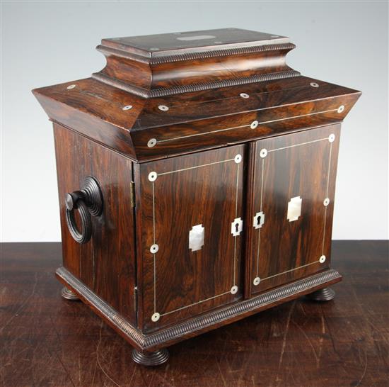 A Victorian rosewood and mother of pearl inlaid table top cabinet, 12.25 x 12in.